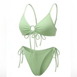 Light Green Ring-Front Tie Bikini Set - Women Swim